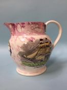 A Sunderland pink lustre jug, 'A Frigate in full sail', 19cm height