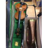 A violin bears label Concert Violin 1901 Hawkes & son London and a bugle, 61cm length, 21cm width (
