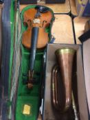 A violin bears label Concert Violin 1901 Hawkes & son London and a bugle, 61cm length, 21cm width (
