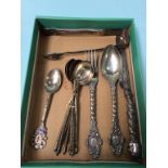 A part silver christening set, a pair of Scottish silver sugar nips etc.