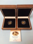 Two boxed quarter sovereigns