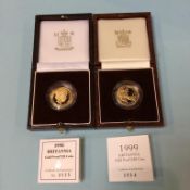 A Britannia 1999 £25 gold coin, weight 8.513g and a Britannia 1998 gold coin, weight 8.513g