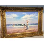 J. Miller, modern oil on canvas, signed, 'Edwardian Ladies at the Seaside', 60cm x 90cm