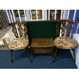 A folding bridge table, pair of chairs and oak stool