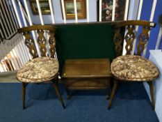 A folding bridge table, pair of chairs and oak stool