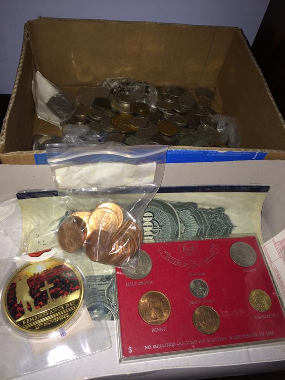 Assorted coins, stock share certificate etc.