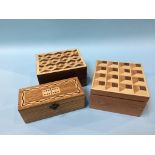 Two small parquetry topped boxes and a set of dominos