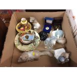 A box of assorted, to include Nao cats, Aynsley etc.