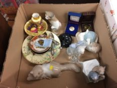 A box of assorted, to include Nao cats, Aynsley etc.