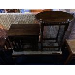 An oak nest of tables, oval barley twist table and a duet stool (3)