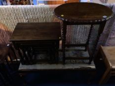 An oak nest of tables, oval barley twist table and a duet stool (3)