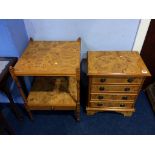 A burr walnut miniature chest of drawers, 42cm wide and a two tier table