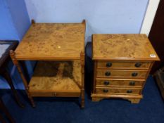 A burr walnut miniature chest of drawers, 42cm wide and a two tier table