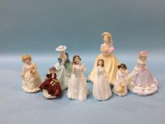 Three Coalport ladies Ladies of Fashions 'Marianne' and 'Hayley' and five Royal Doulton figures (8)