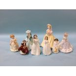 Three Coalport ladies Ladies of Fashions 'Marianne' and 'Hayley' and five Royal Doulton figures (8)