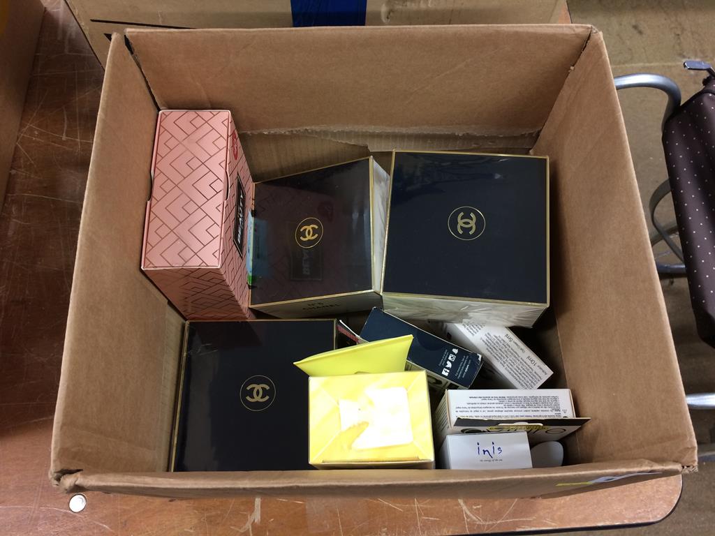 Three boxes of Chanel No5 talc and other cosmetics