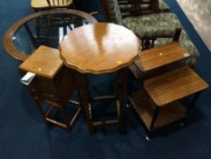 A G Plan two tier table, oak barley twist table and a cabinet