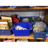 Seven boxes of glass ware and prints etc.