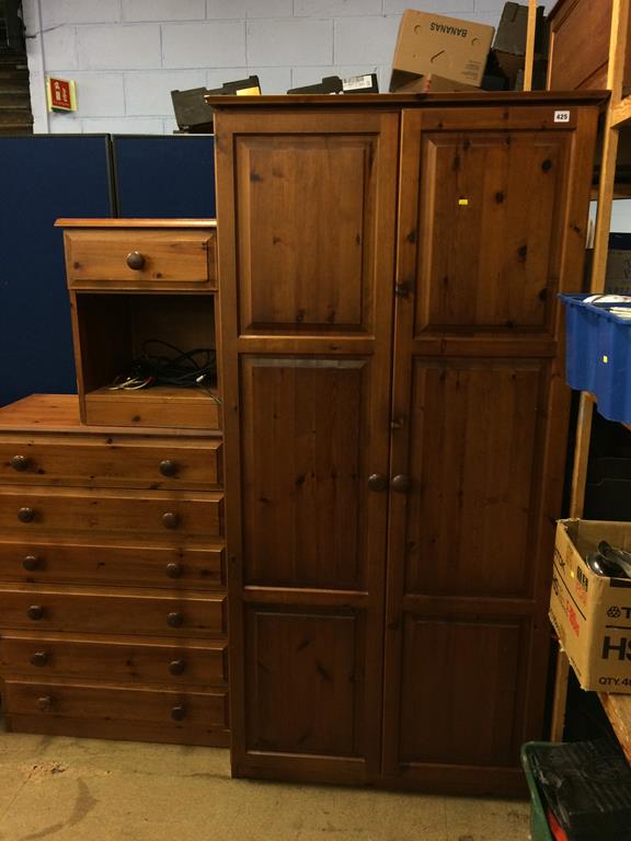 A pine wardrobe, blanket box, bedside drawers and pine chest of drawers etc.