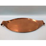 A large William Arthur Smith Benson Arts and Crafts oblong copper tray, with scrolled handles,