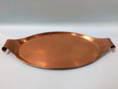 A large William Arthur Smith Benson Arts and Crafts oblong copper tray, with scrolled handles,