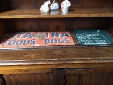 Enamel sign 'Stamina Foods for Dogs' and an enamel advertising 'Tonic Water' tray (2)
