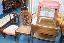 An oak hall chair, tea trolley etc.