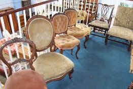 A Victorian walnut chair, a pair of walnut chairs, a single chair, a 19th century carver chair etc.