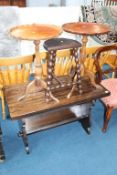 An oak coffee table, two occasional tables and a stool