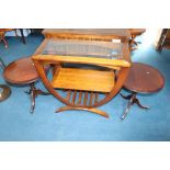 A modern glass topped table and a pair of reproduction tripod tables