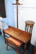 A Bentwood coat stand, a barley twist pedestal side table and a stool (4)