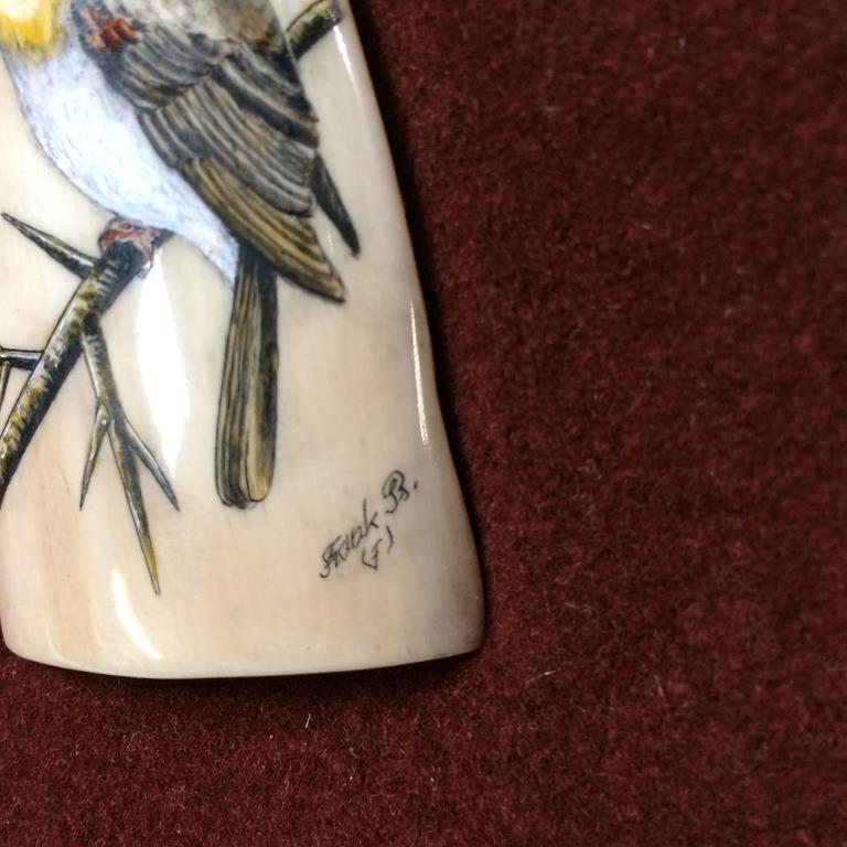 Scrimshaw; Portraits of a bird, carved onto a piece of fossil walrus ivory, by Frank Barcelos - Image 2 of 3