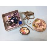 A box of assorted costume jewellery, including a 9ct ring