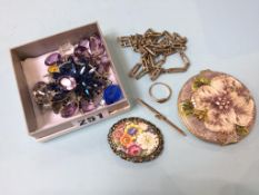 A box of assorted costume jewellery, including a 9ct ring