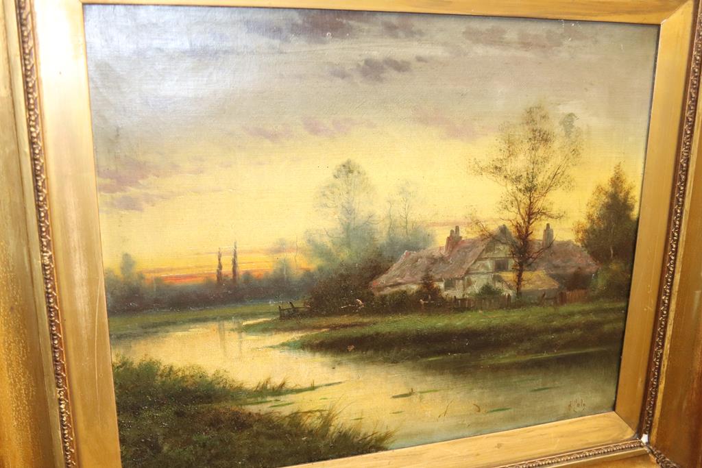 Oil on canvas, signed, Rural Landscape and four mirrors
