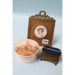 A gilt metal and agate box, pot lid and a miniature portrait
