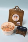 A gilt metal and agate box, pot lid and a miniature portrait