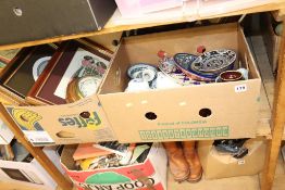 Three boxes of assorted pictures, Denby etc.