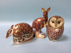 Three Royal Crown Derby paperweights 'Kangaroo', 'Owl' and 'Armadillo' (3)