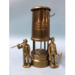 Two small brass Miners figures and a Ferndale Coal lamp
