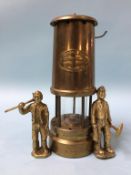 Two small brass Miners figures and a Ferndale Coal lamp