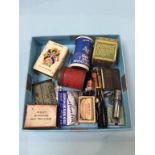 Tray of assorted, miniature tins, silver medal etc.