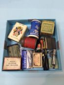 Tray of assorted, miniature tins, silver medal etc.