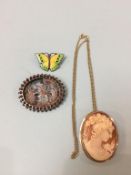 A cameo with 9ct chain, enamelled 'Sterling' brooch and one other