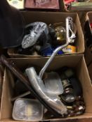 Two boxes including motorcycle spares, lamps etc.