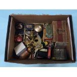 Box of assorted, gramophone needles, various tins etc.