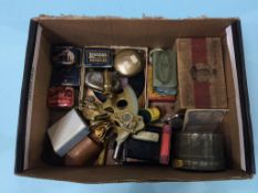 Box of assorted, gramophone needles, various tins etc.