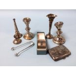Assorted silver, to include candlesticks and cigarette case etc.