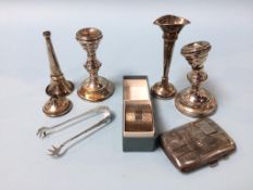 Assorted silver, to include candlesticks and cigarette case etc.