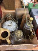 A part Ship's compass, brass and copper lanterns, a copper jug, thermometer and sprayer.